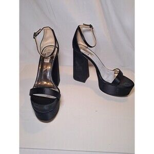 Badgley Mischka Black Satin Platform 5" Block Heels Ankle Strap Open Toe Size 9